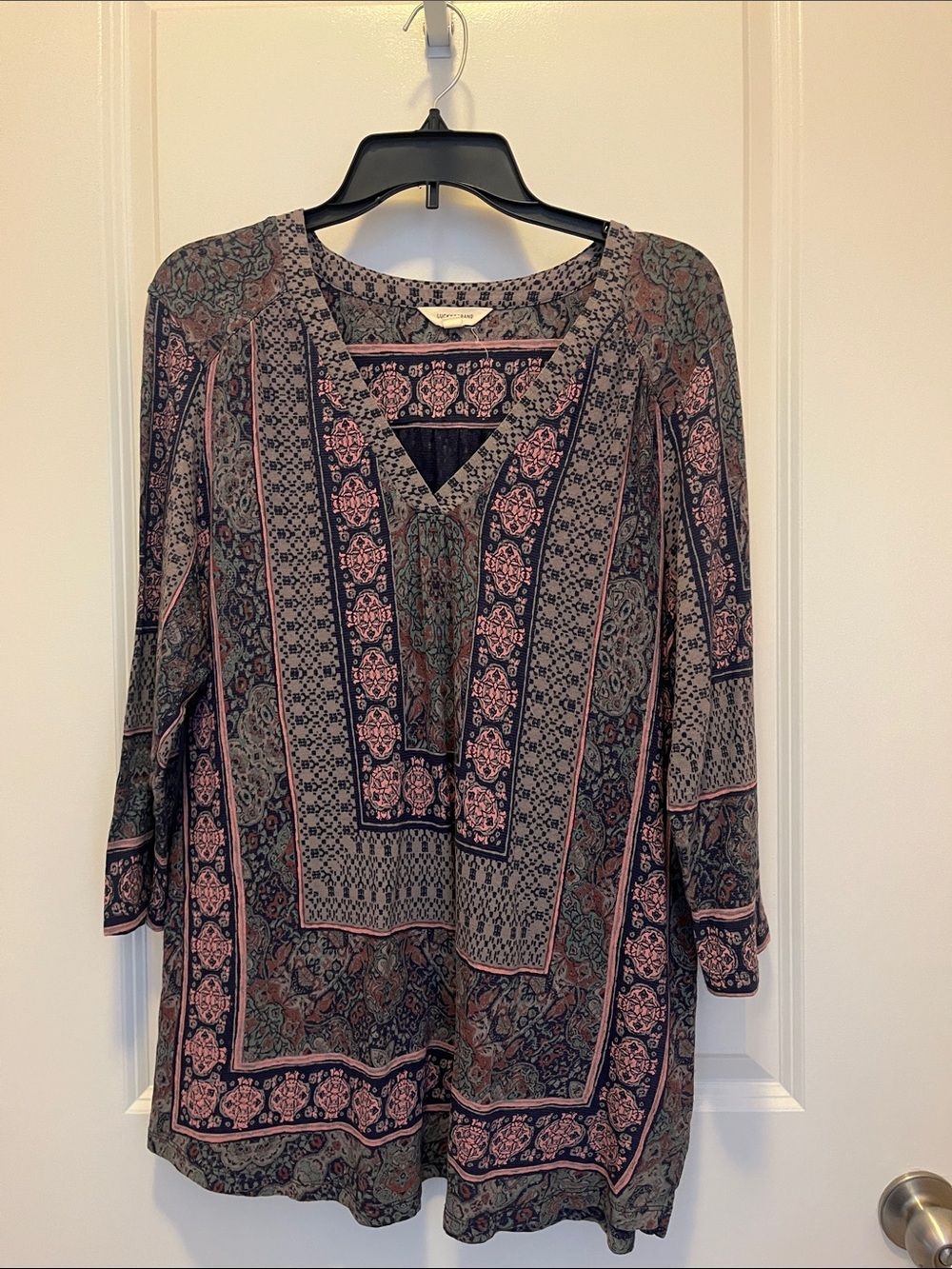 Lucky Brand Pink and Green Printed V-Neck Tunic